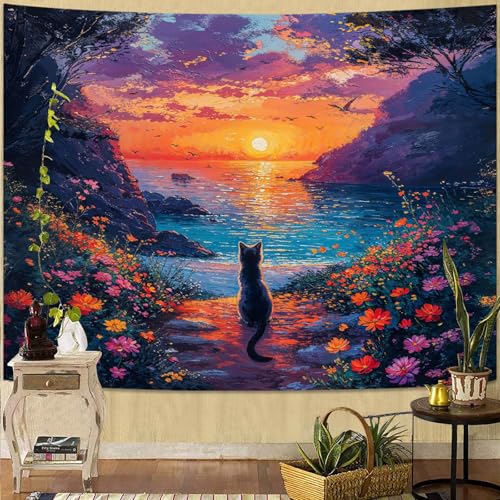 kampdream Landscape Tapestry, Scenery Art Wall Tapestries, Nature Wall Decor for Bedroom Living Room Backdrop Sunset Cat 36×48 inches - Image 1