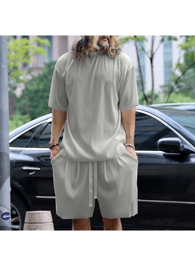 Loose Fit Short Sleeve Summer Menswear Pure Color Casual Set Thin Material Comfortable Breathable Male Model Clothing Set - Image 1