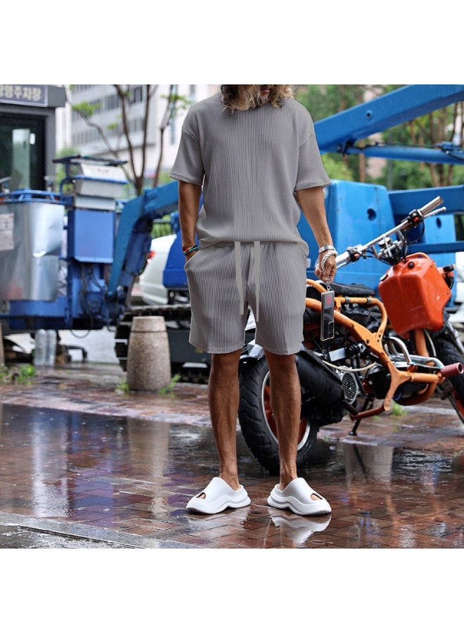 Loose Fit Short Sleeve Summer Menswear Pure Color Casual Set Thin Material Comfortable Breathable Male Model Clothing Set - Image 2