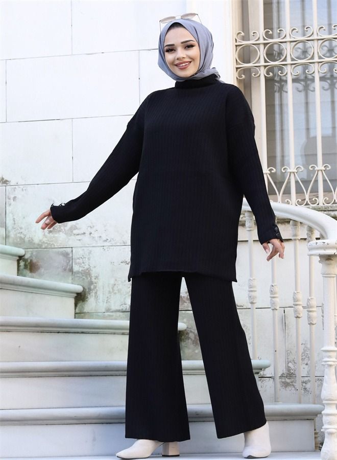 Loquat Women's Solid Wide Leg Trousers Two-Piece Set Black  - Image 1
