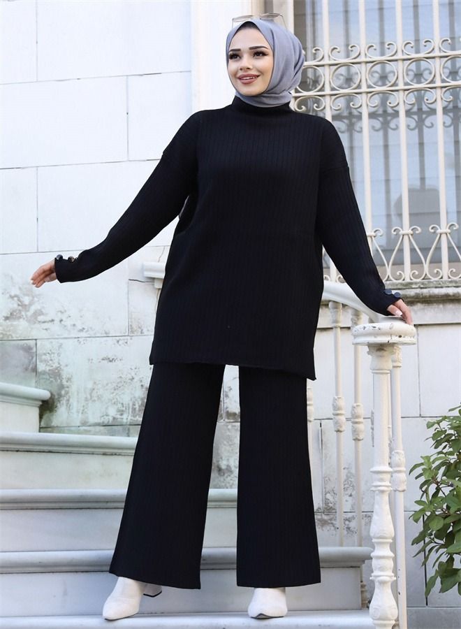 Loquat Women's Solid Wide Leg Trousers Two-Piece Set Black  - Image 3