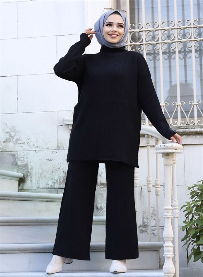 Loquat Women's Solid Wide Leg Trousers Two-Piece Set Black  - Image 2