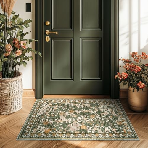 jinchan Eden Floral Area Rug 2x3 Entryway Vintage Washable Indoor Doormat Accent Rug Lightweight Soft Small NonSlip Low Pile Distressed Green Carpet for Entrance Kitchen Bedroom Bathroom - Image 1