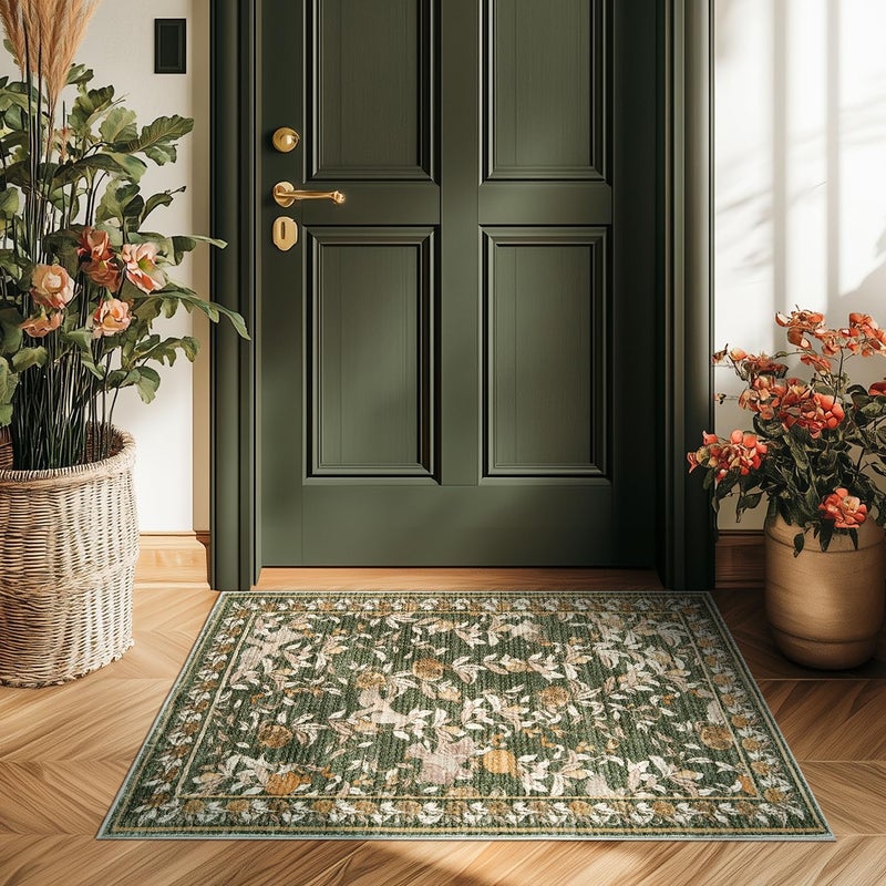 jinchan Eden Floral Area Rug 2x3 Entryway Vintage Washable Indoor Doormat Accent Rug Lightweight Soft Small NonSlip Low Pile Distressed Green Carpet for Entrance Kitchen Bedroom Bathroom - Image 2