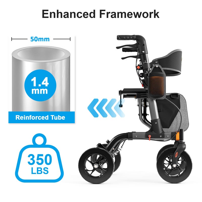 Aojin Walkers for Seniors, Rollator Walker with Seat, 350 lb Weight Capacity, 18" Big Seat, 8" All-Terrain Wheels, 6-Level Adjustable Height, Lightweight Aluminum Frame Rollator Walkers for Seniors (Gray) - Image 2