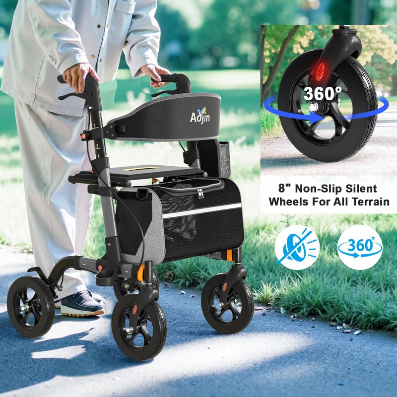 Aojin Walkers for Seniors, Rollator Walker with Seat, 350 lb Weight Capacity, 18" Big Seat, 8" All-Terrain Wheels, 6-Level Adjustable Height, Lightweight Aluminum Frame Rollator Walkers for Seniors (Gray) - Image 5