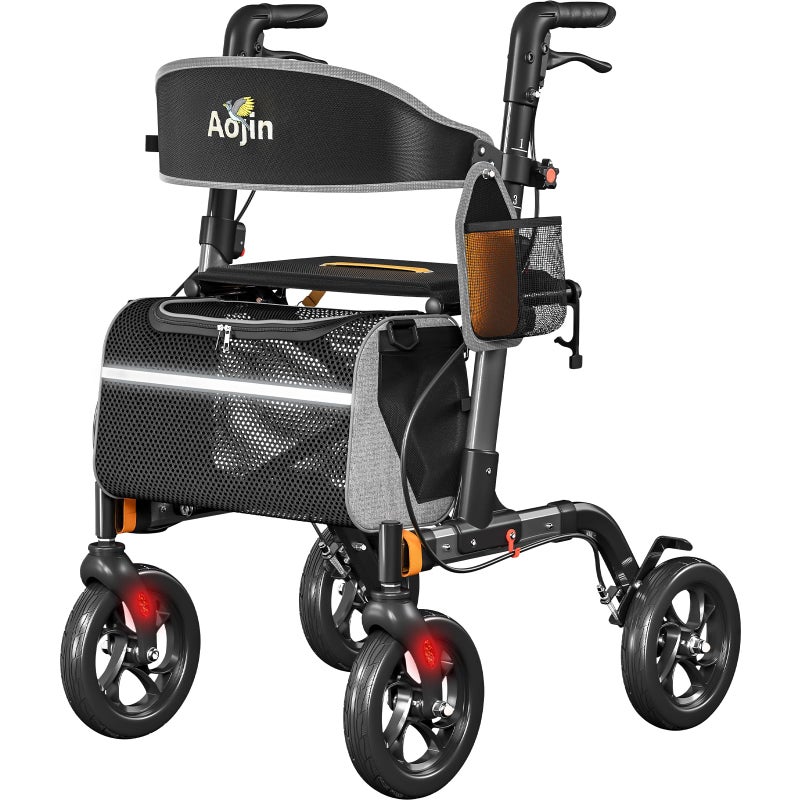 Aojin Walkers for Seniors, Rollator Walker with Seat, 350 lb Weight Capacity, 18" Big Seat, 8" All-Terrain Wheels, 6-Level Adjustable Height, Lightweight Aluminum Frame Rollator Walkers for Seniors (Gray) - Image 1