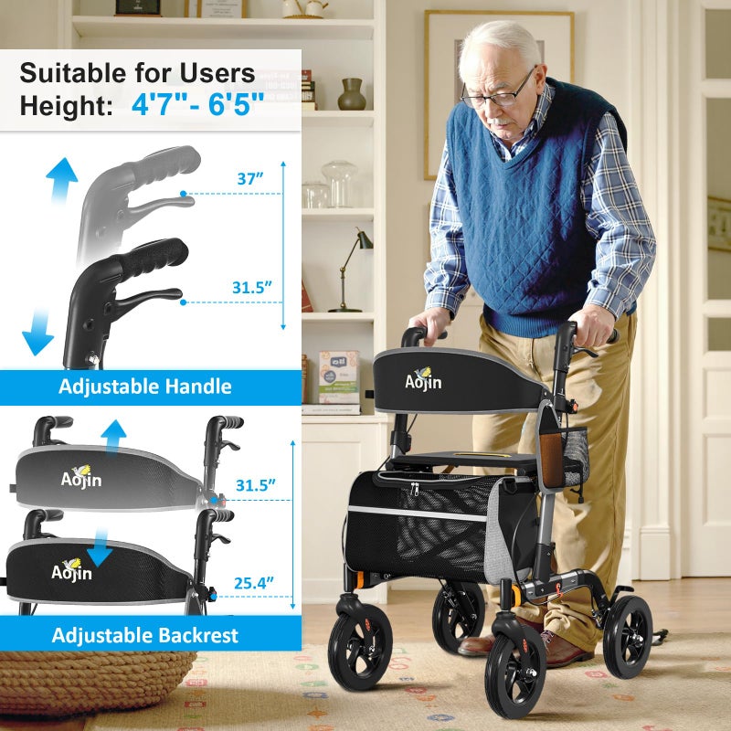 Aojin Walkers for Seniors, Rollator Walker with Seat, 350 lb Weight Capacity, 18" Big Seat, 8" All-Terrain Wheels, 6-Level Adjustable Height, Lightweight Aluminum Frame Rollator Walkers for Seniors (Gray) - Image 3