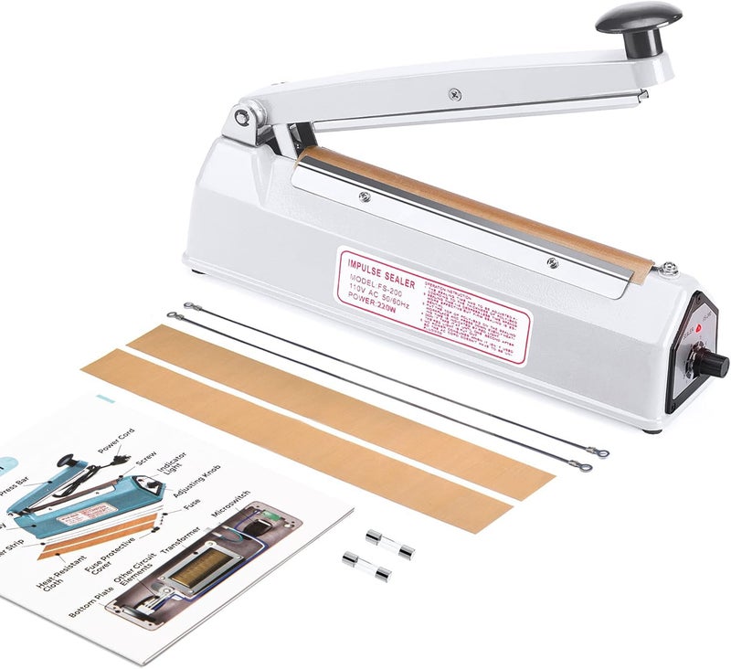 METRONIC Impulse Sealer 8 inch, Manual Heat Sealer Machine for Plastic Bags, Shrink Wrap Bag Sealers Heavy Duty Sealing Machine With Repair Kit (White) - Image 1