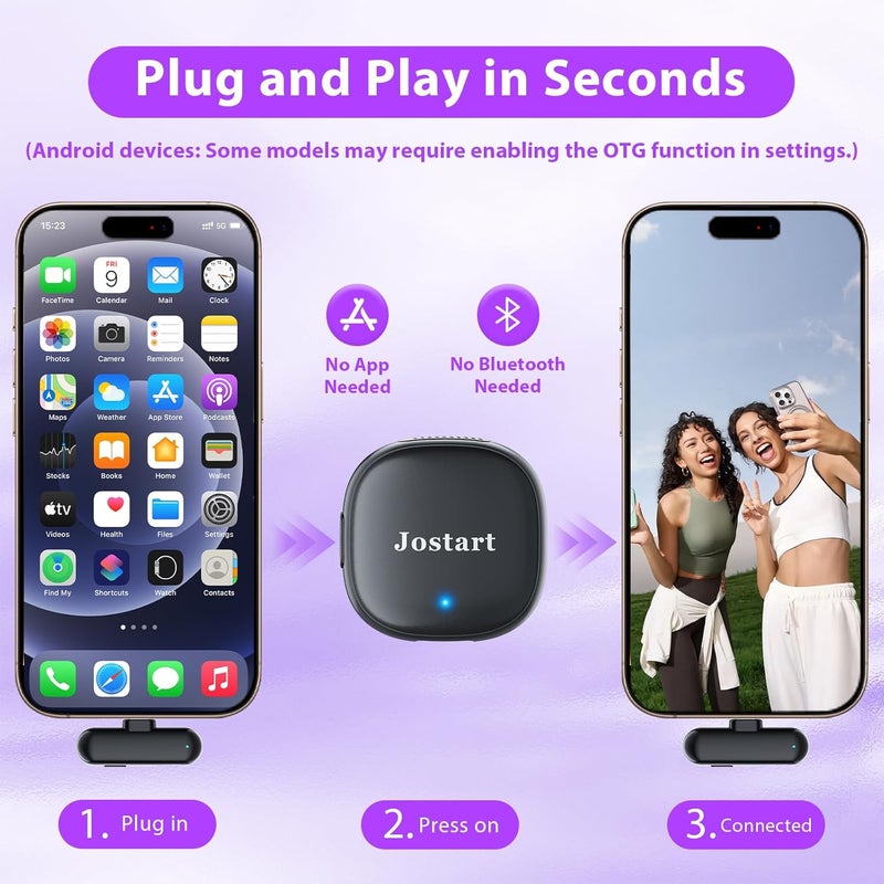JOSTART Mini Lavalier Microphone Wireless for Iphone Android,Ai Noise Cancelling Portable lapel mic with USB-C Plug for Video Recording Vlogging TikTok YouTube Interviews(Black) - Image 5