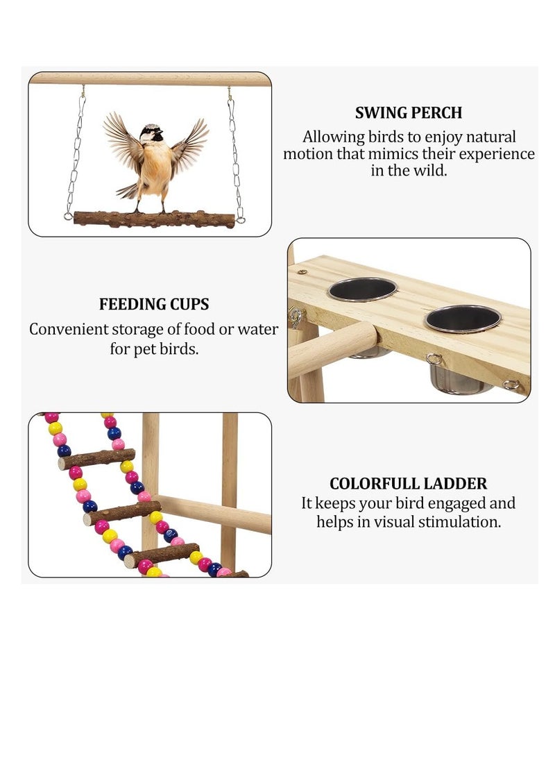 NNC PETS Bird stand, Natural wood bird play stand for small to medium birds, Interactive bird stand with Swinging perch, Feeding cups, Climbing ladders, Removable tray, and Anti-slip bottom 54 cm (Beige) - Image 3