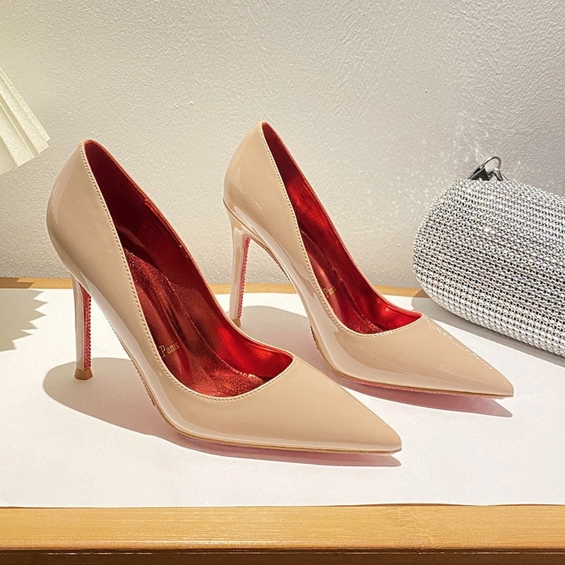 2026 New Red Sole Pointed Toe Side Hollow Sexy Nude High Heels for Women - Elegant Black Patent Leather Single Shoes