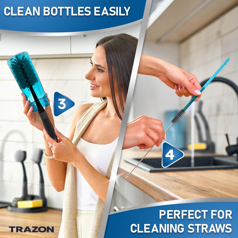 Trazon Dish Brush Set of 5 with Holder - Kitchen Scrub Brushes with Non-Slip Long Handle for Cleaning, Scrubber, Dishwashing, Dishes, Bottles, Straws, Cups, Pots & Sink, Black - Image 4