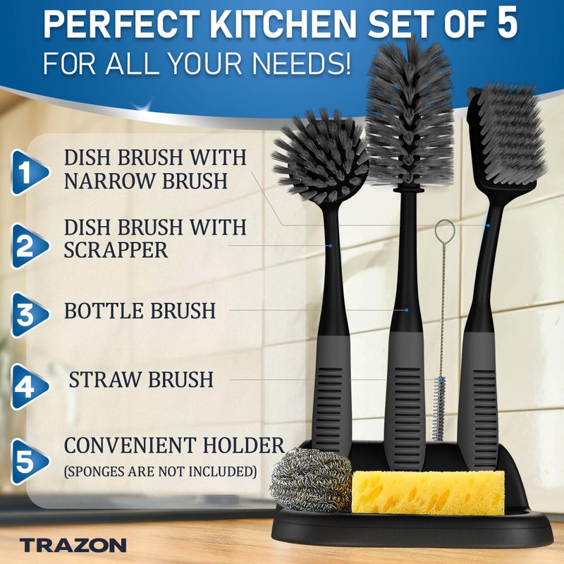 Trazon Dish Brush Set of 5 with Holder - Kitchen Scrub Brushes with Non-Slip Long Handle for Cleaning, Scrubber, Dishwashing, Dishes, Bottles, Straws, Cups, Pots & Sink, Black - Image 2