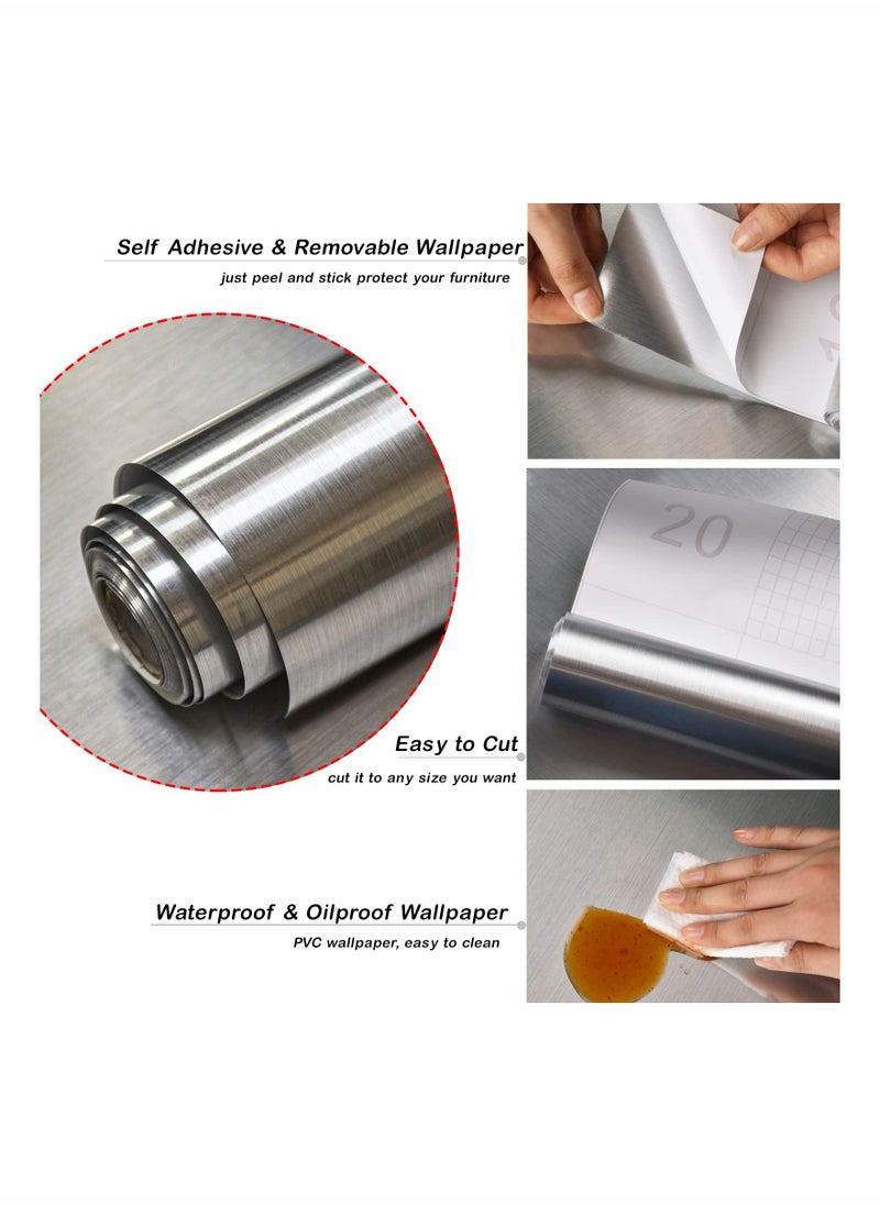 SYOSI - Silver Wallpaper Peel and Stick Wallpaper Contact Paper Silver Metallic Wallpaper Silver Metal Look Wallpaper Stainless Steel Self Adhesive Appliances Wallpaper DIY Cabinets Liner Decor - Image 1