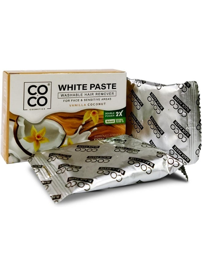 كوكو شمع كوكو - مزيل شعر قابل للغسل، معجون أبيض، طبيعي 100%، تركيبة مُحسّنة بقوة إضافية مضاعفة - للوجه والمناطق الحساسة، 100 غرام (فانيليا وجوز الهند) - Image 4