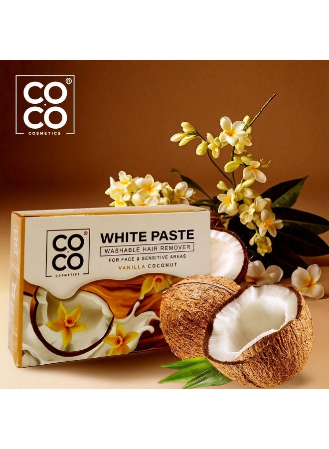 كوكو شمع كوكو - مزيل شعر قابل للغسل، معجون أبيض، طبيعي 100%، تركيبة مُحسّنة بقوة إضافية مضاعفة - للوجه والمناطق الحساسة، 100 غرام (فانيليا وجوز الهند) - Image 2