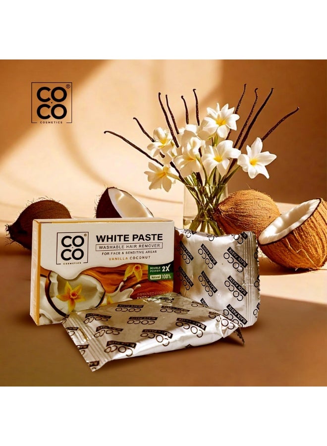 كوكو شمع كوكو - مزيل شعر قابل للغسل، معجون أبيض، طبيعي 100%، تركيبة مُحسّنة بقوة إضافية مضاعفة - للوجه والمناطق الحساسة، 100 غرام (فانيليا وجوز الهند) - Image 3