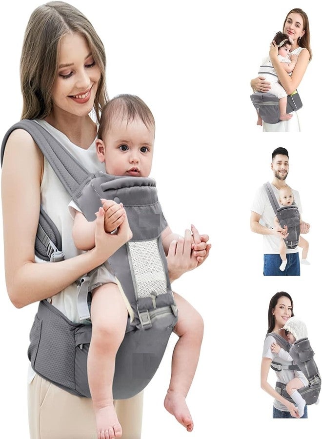 Deoxys Baby Carrier Ergonomic Infant Carrier with Hip Seat Kangaroo Bag Soft Baby Carrier Newborn to Toddler 7-45lbs Front and Back Baby Holder Carrier for Men Dad Mom (Grey) - Image 1