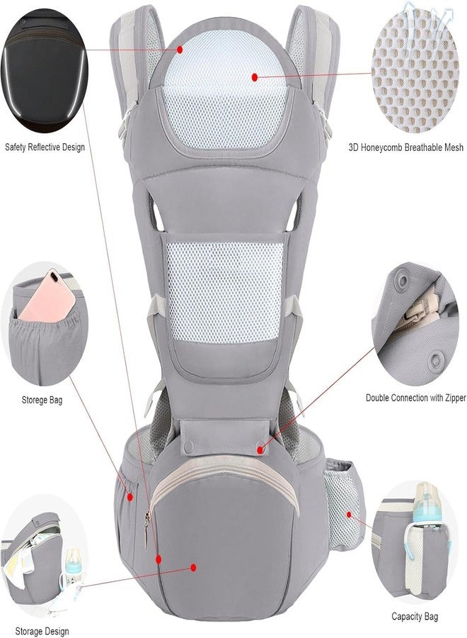 Deoxys Baby Carrier Ergonomic Infant Carrier with Hip Seat Kangaroo Bag Soft Baby Carrier Newborn to Toddler 7-45lbs Front and Back Baby Holder Carrier for Men Dad Mom (Grey) - Image 5