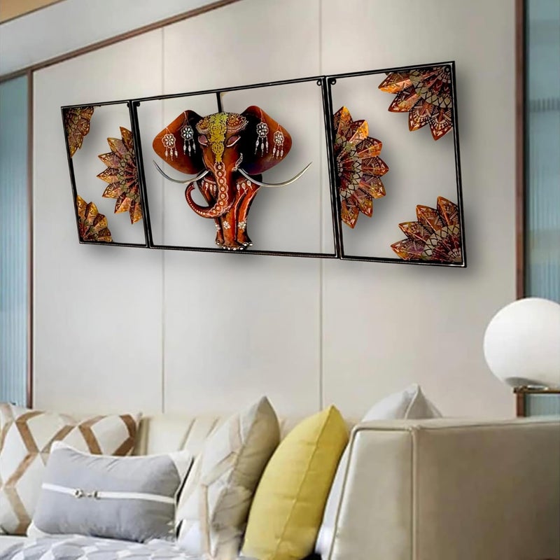 pranjals house pranjals house 3-Piece Elephant Wall Art Set, Metal Frame, Decorative Mandala Design, Copper and Orange, Metal Bedroom Wall Decor - Image 3