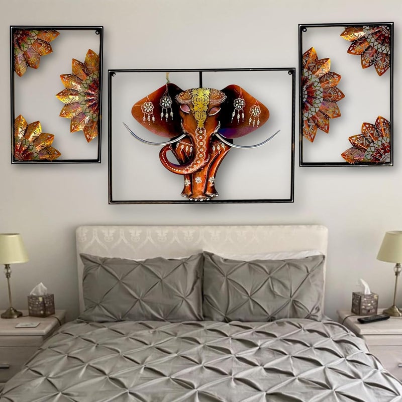 pranjals house pranjals house 3-Piece Elephant Wall Art Set, Metal Frame, Decorative Mandala Design, Copper and Orange, Metal Bedroom Wall Decor - Image 1