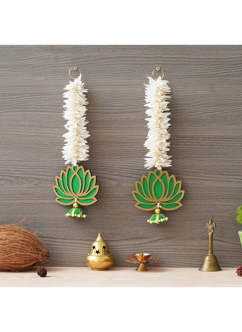 Webelkart Webelkart Premium Yellow Lotus with White Gajra Flower Wall Hanging |Lotus Back Drop Hanging | Wall Decor |Temple Decor Wall Hanging Home and Office Decor (Green)  - Image 1