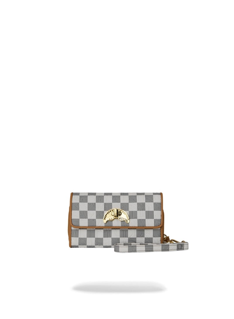 SPRAYGROUND EMBOSSED CHECK CREAM TURNLOCK WALLET w/ WRISTLET STRAP - Image 1