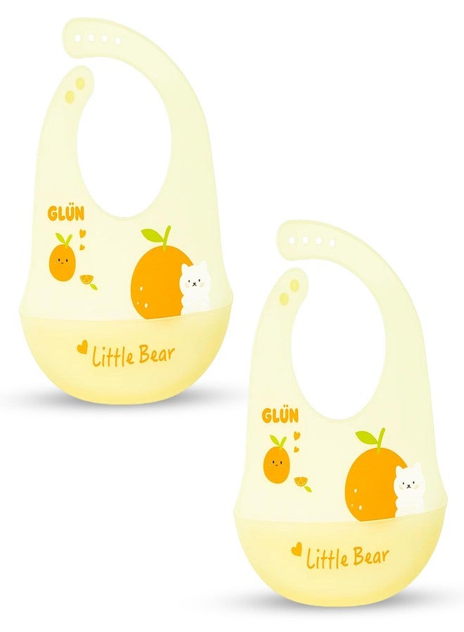 GLUN® Pack of 2 Soft Feeding Bibs with Bowl, Cute Oranges Print for Growing Champs, Easily Wipes Clean, Comfortable Soft Baby Bibs, Less Time Cleaning after Meals for Babies - Image 1