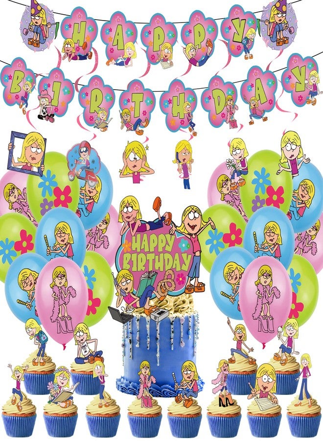 PINUO Cartoon Girls Birthday Party Decoration, Include Birthday Banner, Cake Topper, Latex Balloons, Hanging Swirls, for Lizzie Theme Kids Fans Party Supplies Favors - Image 1
