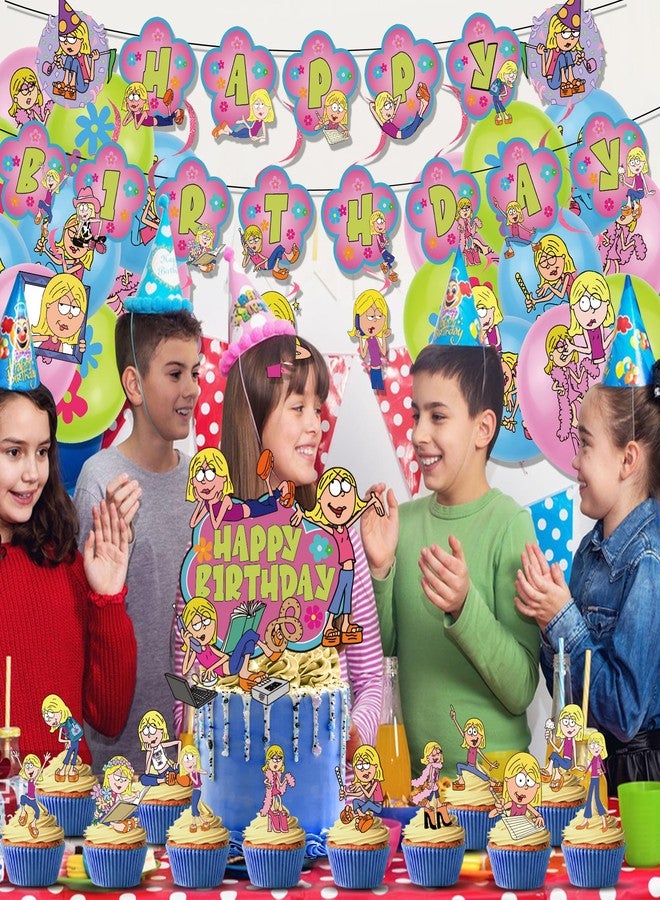 PINUO Cartoon Girls Birthday Party Decoration, Include Birthday Banner, Cake Topper, Latex Balloons, Hanging Swirls, for Lizzie Theme Kids Fans Party Supplies Favors - Image 3