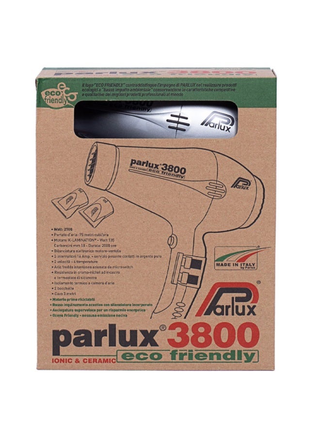 Parlux 3800 Hair Dryer Eco Friendly Ionic and Ceramic [European Plug 220V] Silver 1unit - Image 3