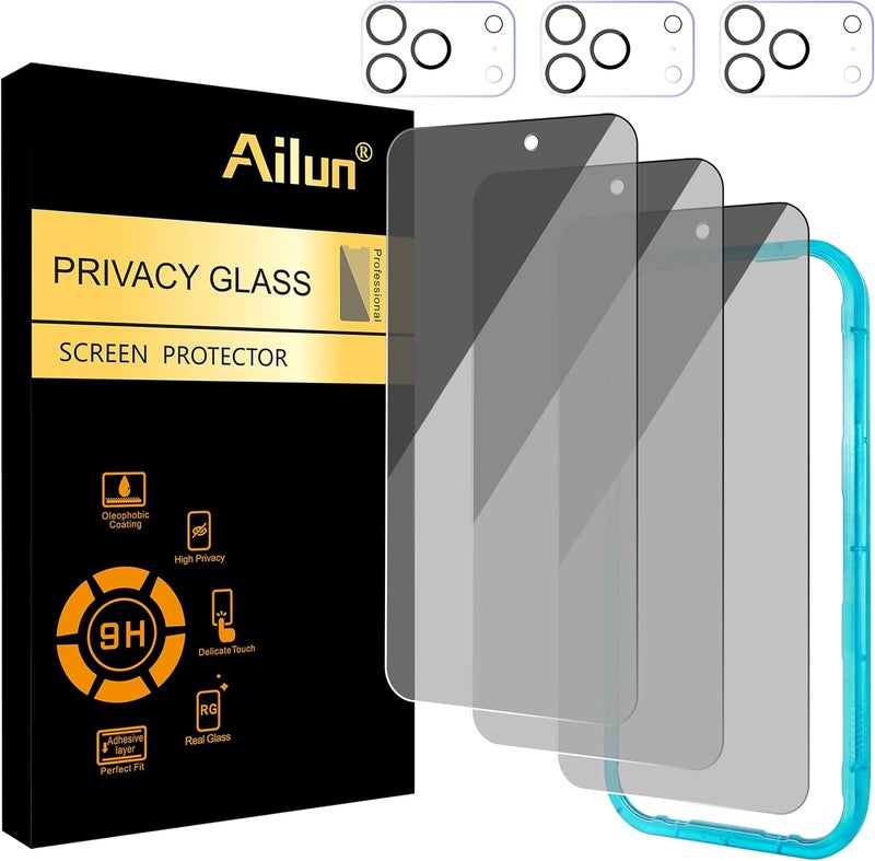 Ailun 3Pack for iPhone 17 Pro Privacy Screen Protector [6.3 inch]+ 3Pack Camera Lens Protector with Installation Frame,Dynamic Island Compatible,Anti Spy Tempered Glass[Not for iPhone 17/17ProMax/Air] - Image 1