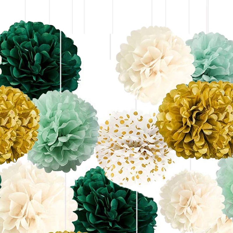 Paper Tissue Pom Poms Green Gradient Gold Dot White Hanging Tissue Flowers Poms Decorations Pack of 12 for Wedding Birthday Baby Shower Party Backdrop Decor ect 12 10 8 Tissue Paper Flowers