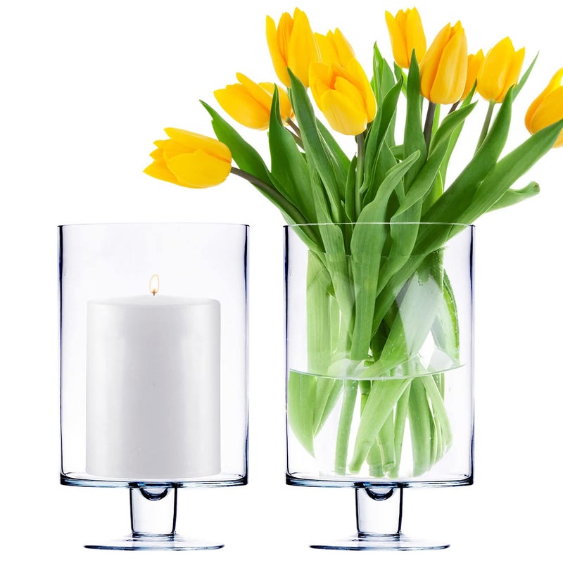 CYS EXCEL Glass Hurricane Pillar Candle Holders H10 W6 2 PCS  Multiple Size Choices Short Stem Candle Jars  Stemmed Glass Cylinder Candle Vase