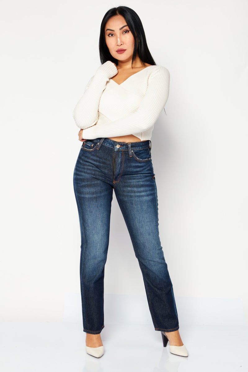 GUESS Women Straight Fit High Waist Washed Non-Stretchable Denim, Dark Blue - Image 2