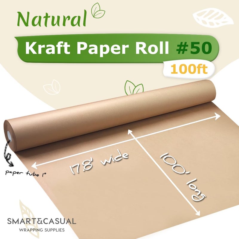 SMART&CASUAL Brown Wrapping Paper Roll 17.8"Ã—1,200"(100') Kraft Paper for Craft Gift Bulletin Board Banner Bouquet Flower Table Covering Packing Shipping Moving 70GSM 50LB(Brown, 17.8" x 1,200") - Image 2