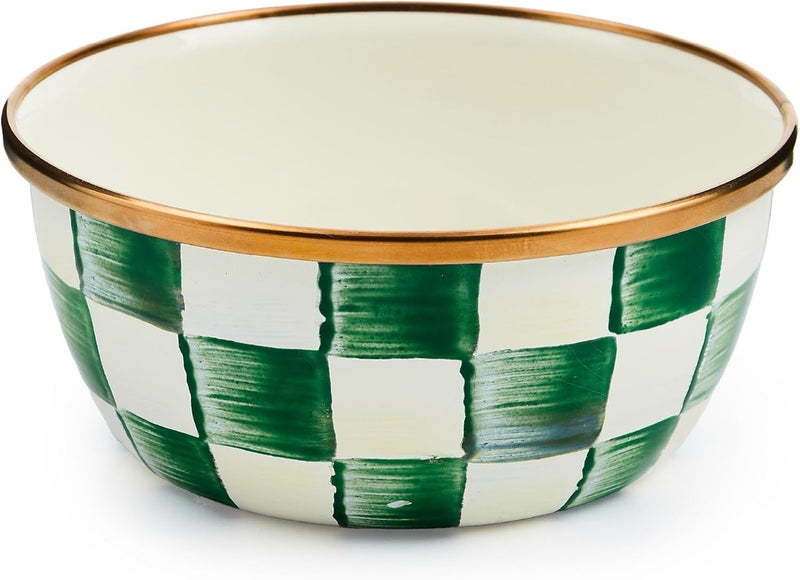 mackenzie childs MACKENZIECHILDS Enamel Pinch Bowl Small Bowl for Kitchen Ingredients 15Cup Capacity GreenandWhite Emerald Check - Image 1