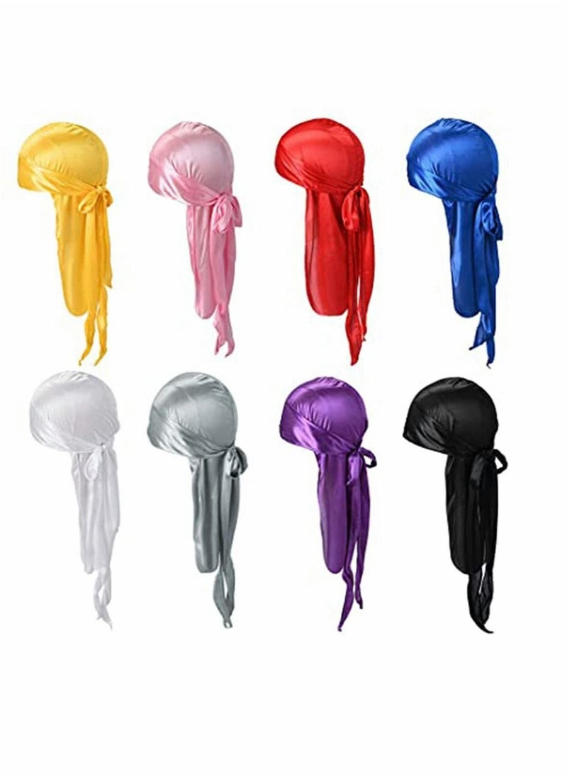 SYOSI - 8 Pack Silk for Durag for Men and Women Satin Silky Long Tail Headwrap for Durag Breathable Turban Hat, Stocking Cap Satin Sliky Long Wide Straps for Durag Pirate Hat - Image 1