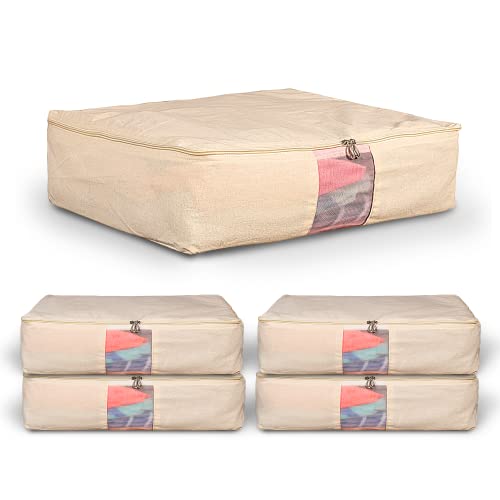 SOLSTICE Cotton Clothes Storage Box/Covers/Bags With Zip (18 X 16 X 4.5 Inch) As Wardrobe Organizer For Huge Silk Saree/Big Lehenga/Dresses/Shirts/Trousers/Gown/Quilts - Pack Of (5), Beige - Image 1