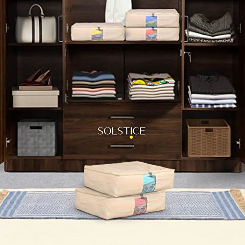 SOLSTICE Cotton Clothes Storage Box/Covers/Bags With Zip (18 X 16 X 4.5 Inch) As Wardrobe Organizer For Huge Silk Saree/Big Lehenga/Dresses/Shirts/Trousers/Gown/Quilts - Pack Of (5), Beige - Image 4