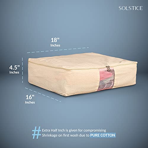 SOLSTICE Cotton Clothes Storage Box/Covers/Bags With Zip (18 X 16 X 4.5 Inch) As Wardrobe Organizer For Huge Silk Saree/Big Lehenga/Dresses/Shirts/Trousers/Gown/Quilts - Pack Of (5), Beige - Image 2