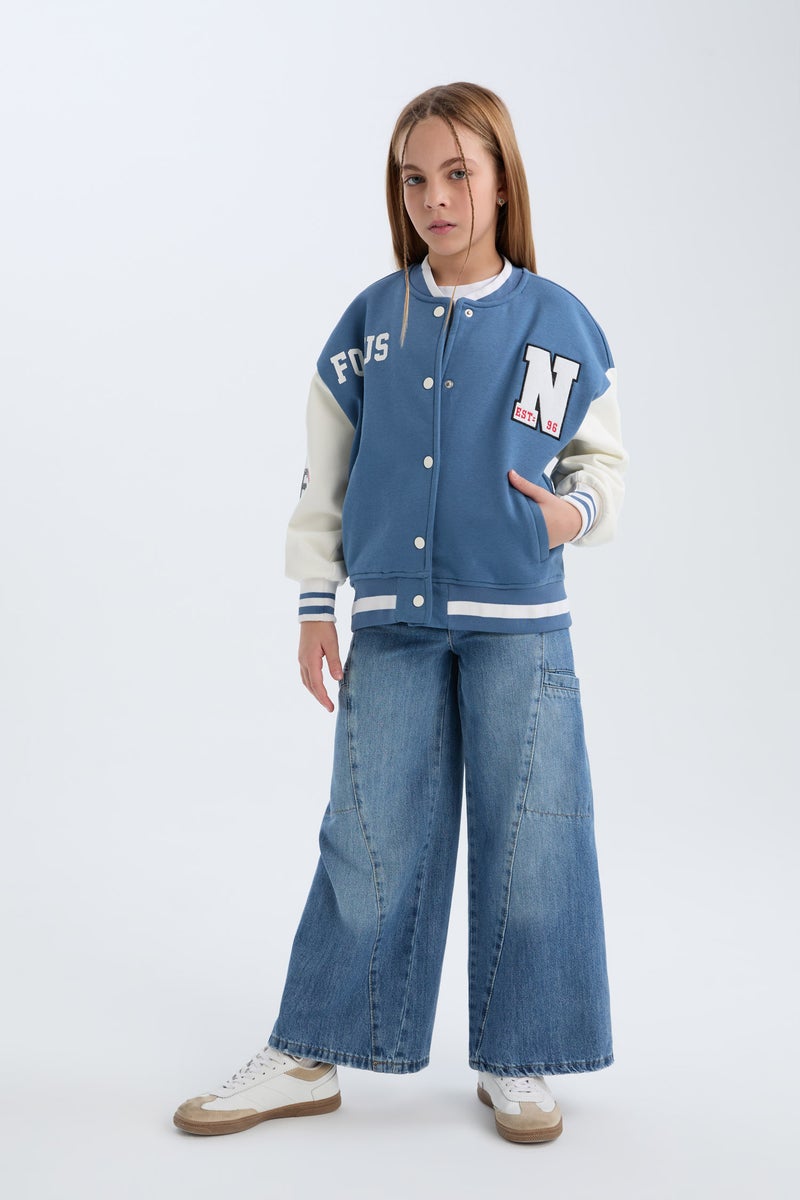 DeFacto Girl Printed College Collar Thick Soft Furry Bomber Jacket - Image 3