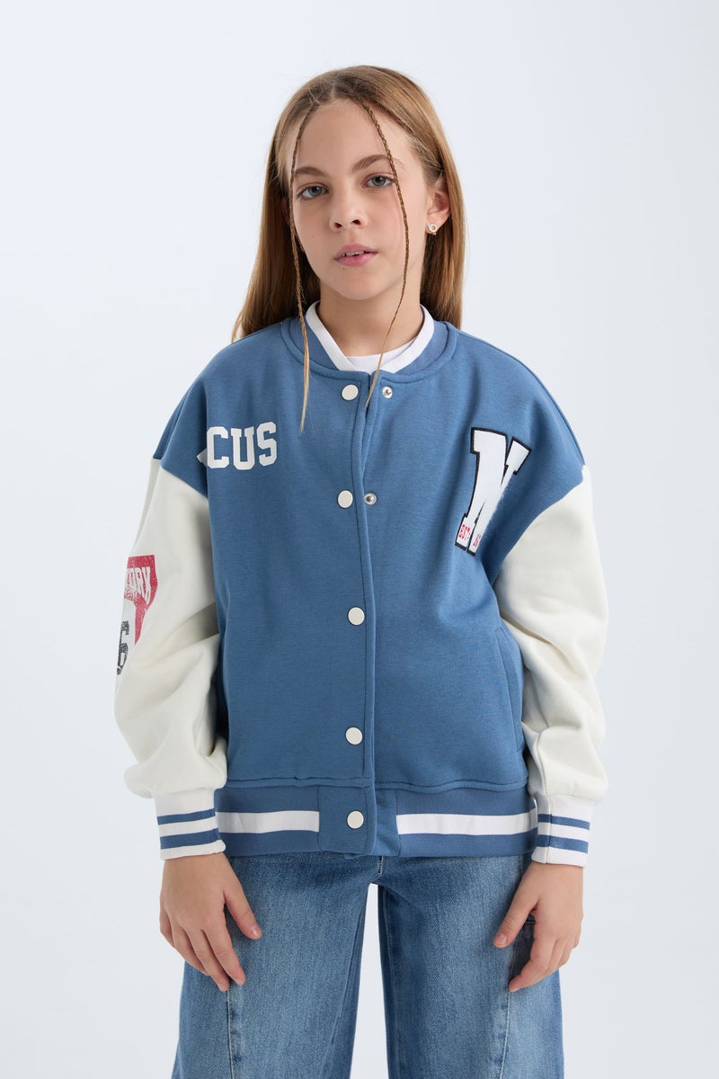 DeFacto Girl Printed College Collar Thick Soft Furry Bomber Jacket - Image 1