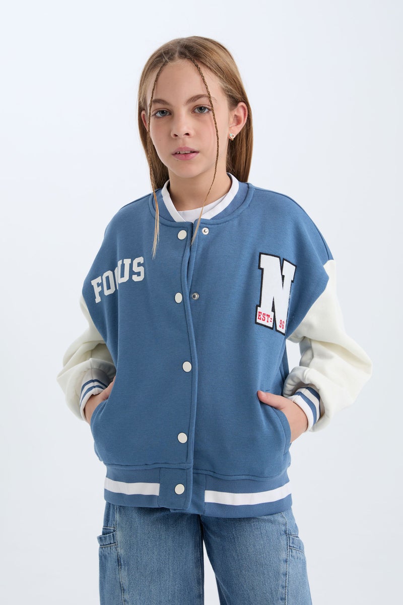 DeFacto Blue Girl Girl Printed College Collar Thick Soft Furry Bomber Jacket Casual - Image 4