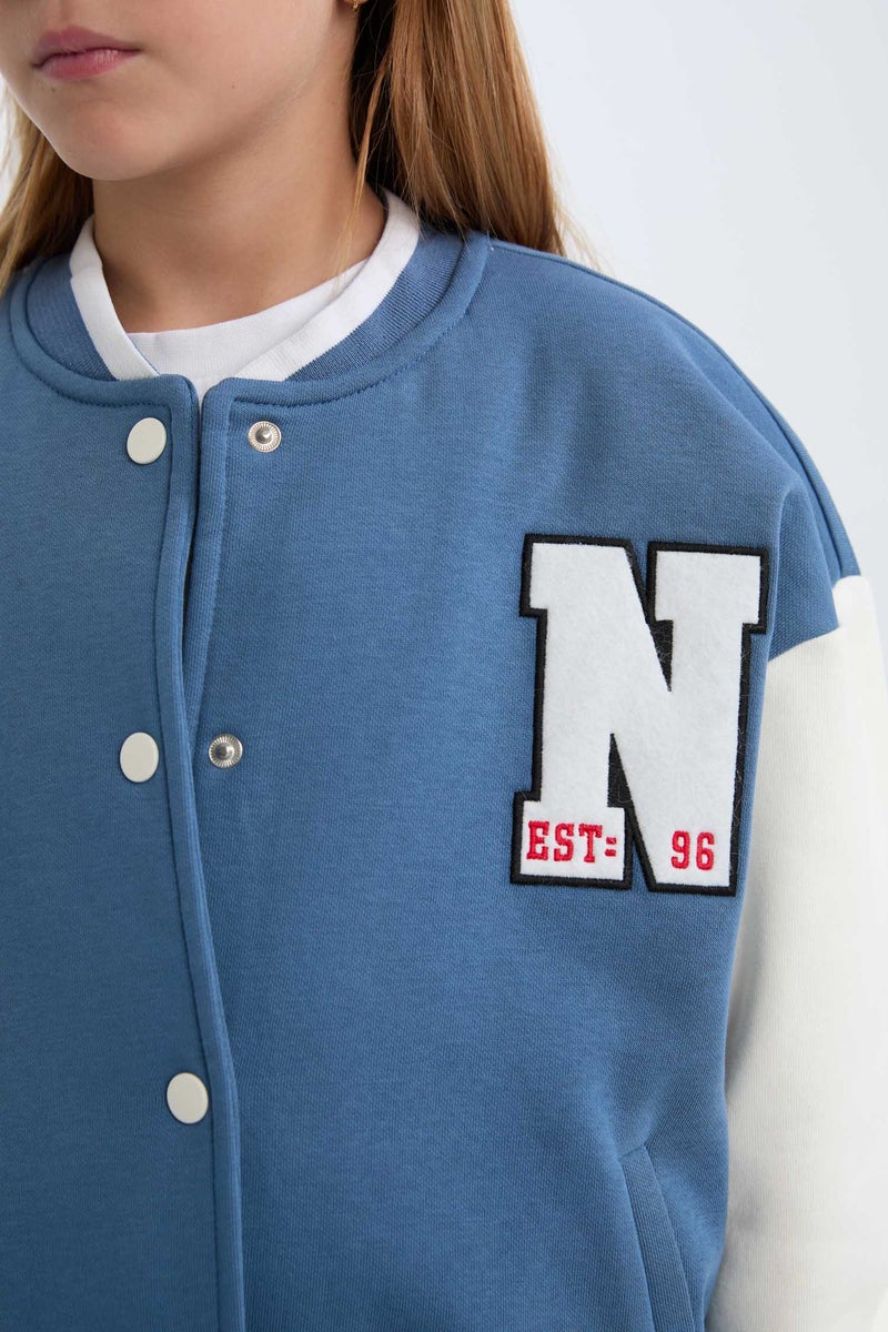 DeFacto Blue Girl Girl Printed College Collar Thick Soft Furry Bomber Jacket Casual - Image 5