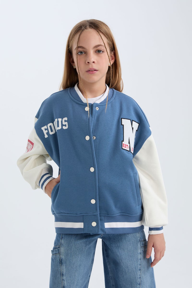 DeFacto Blue Girl Girl Printed College Collar Thick Soft Furry Bomber Jacket Casual - Image 3
