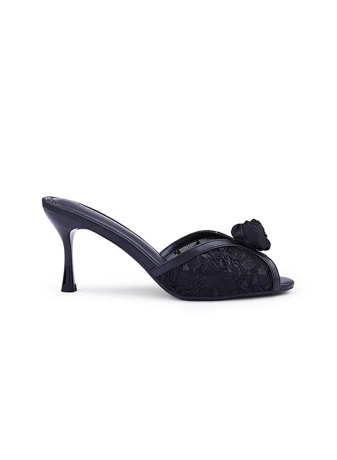 Embroidered Open-Toe Mule Heels