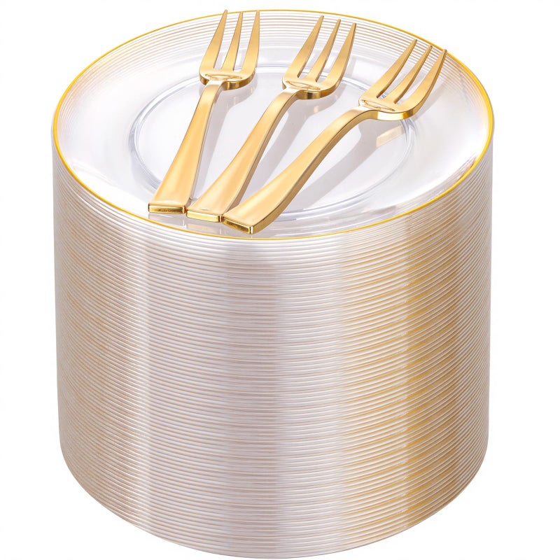 Festiva 200Pcs Clear Plastic Dessert Plates Disposable 6.3" with Plastic Forks 5" - Small Clear Plates-Dessert/Cake/Appetizer Plates for Birthday/Easter Party & Wedding - Serve for 100Guests - Image 1
