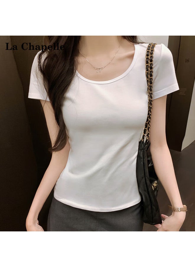 La Chapelle Single U Neck Short Sleeve Premium Daily Commuter Versatile Solid Slim Fit Women's Base T-shirt Light Gray XL - Image 2